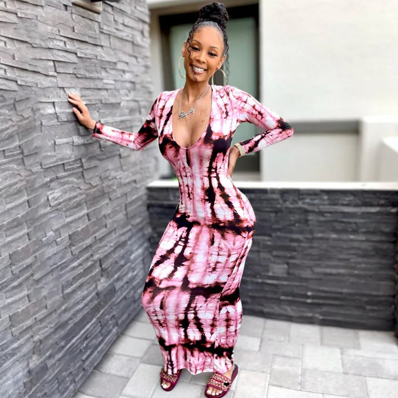 V Neck Stripe Long Sleeve Dress For Women