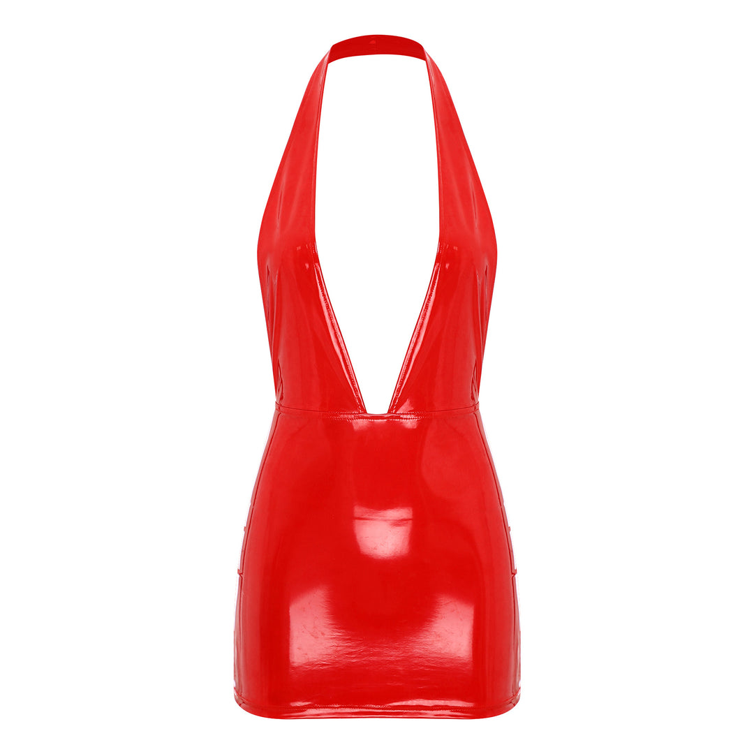 Trendy Msimis Patent Leather Backless Mini Dress