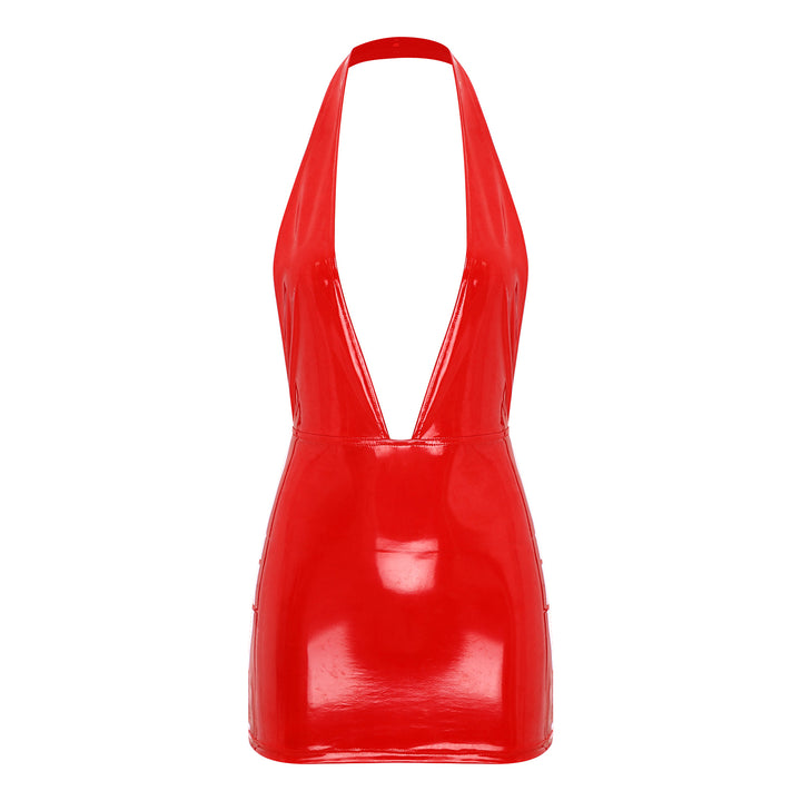 Trendy Msimis Patent Leather Backless Mini Dress