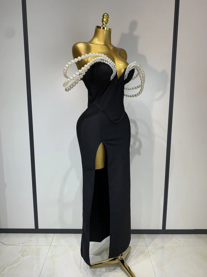 Women Pearls V Neck Maxi Bandage Dress Evening