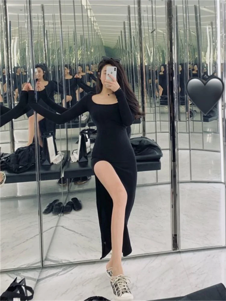 Sexy Side Slit Bodycon Dress For Women Black