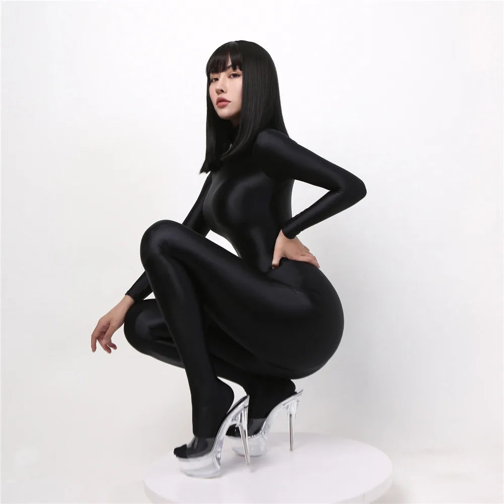 Glossy Longsleeve Elastic Bodysuit Jumpsuit Women