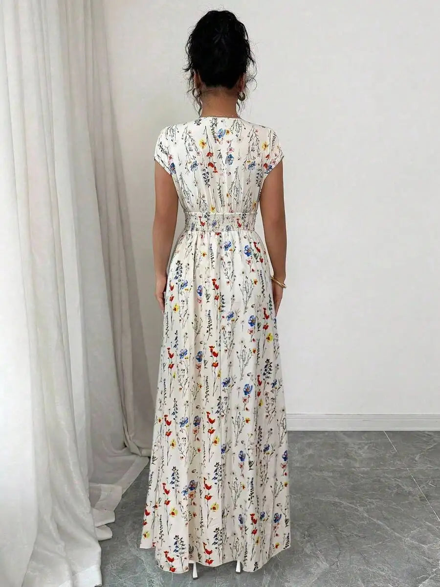 Charming Ditsy Floral V Neck Waisted Maxi Dress