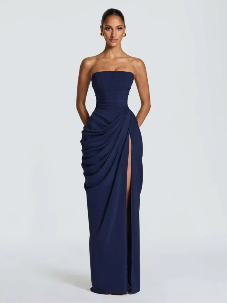 Elegant Yellow Strapless Pleated Dress For Summer Evening Parties