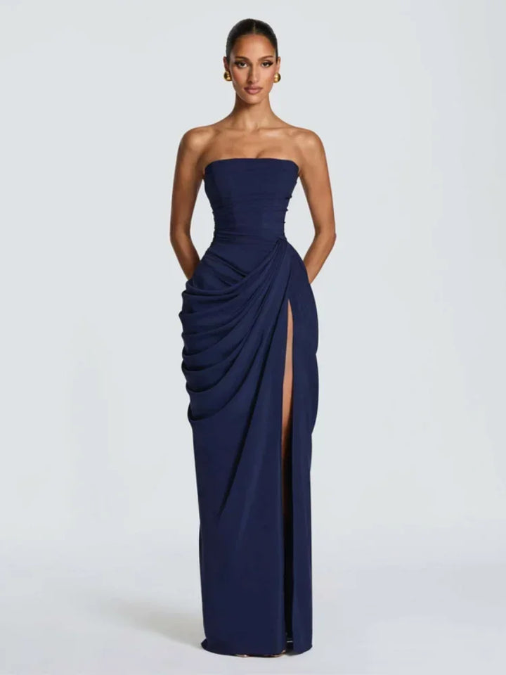 Elegant Yellow Strapless Pleated Dress For Summer Evening Parties