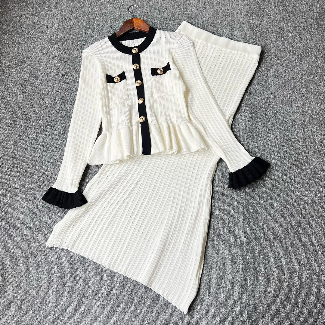 YuooMuoo Knit Maxi Dress V Neck Ruffles Slim Waist