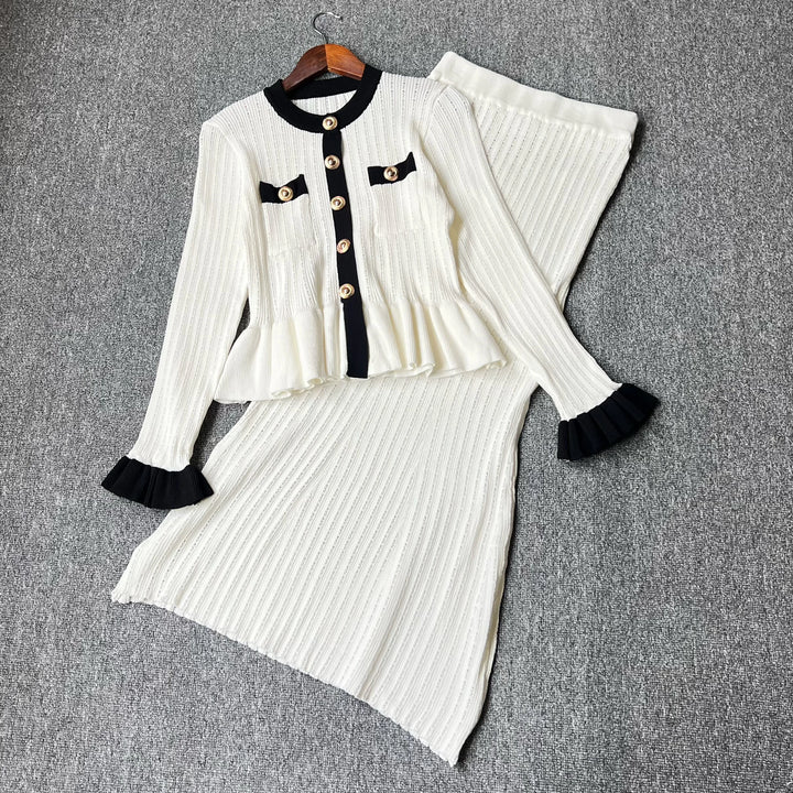 YuooMuoo Knit Maxi Dress V Neck Ruffles Slim Waist