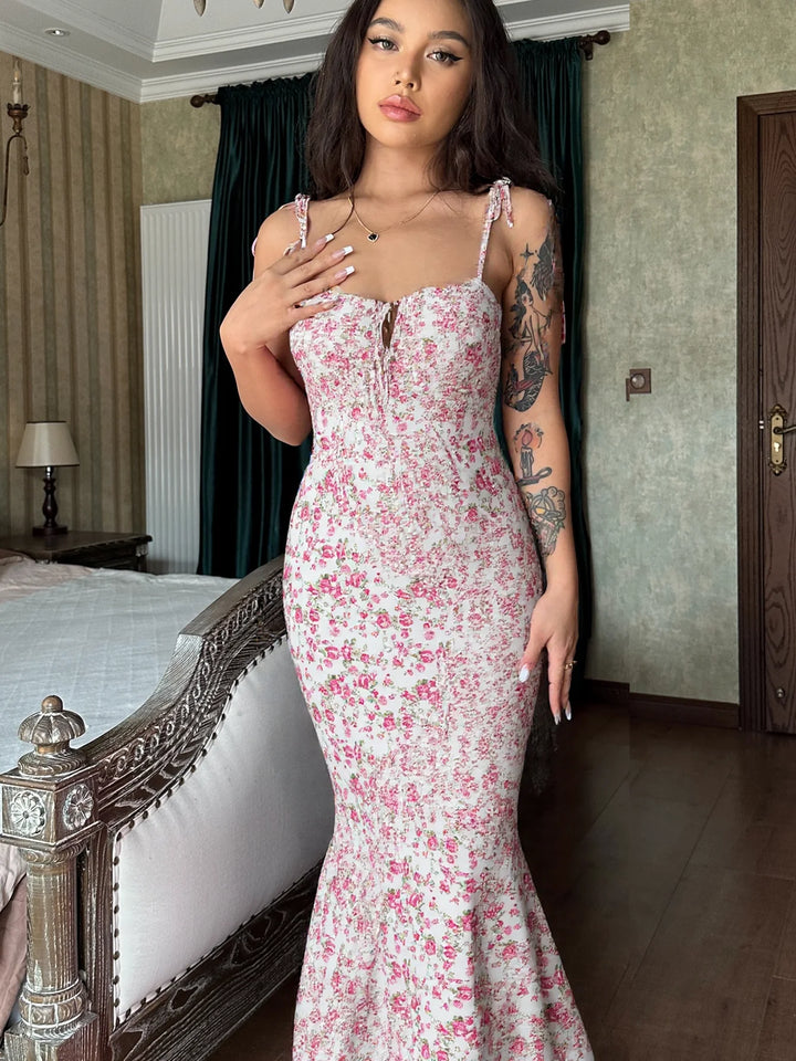 Hugcitar Floral Print Backless Lace Up Maxi Dress