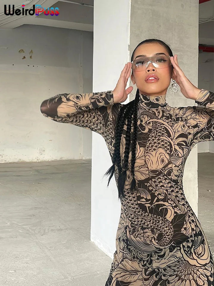 Premium Y2K Weird Puss Mesh Bodycon Maxi Dress