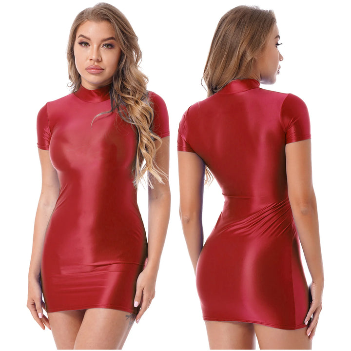 Oil Glossy Bodycon Mini Dress Women Sexy Clubwear