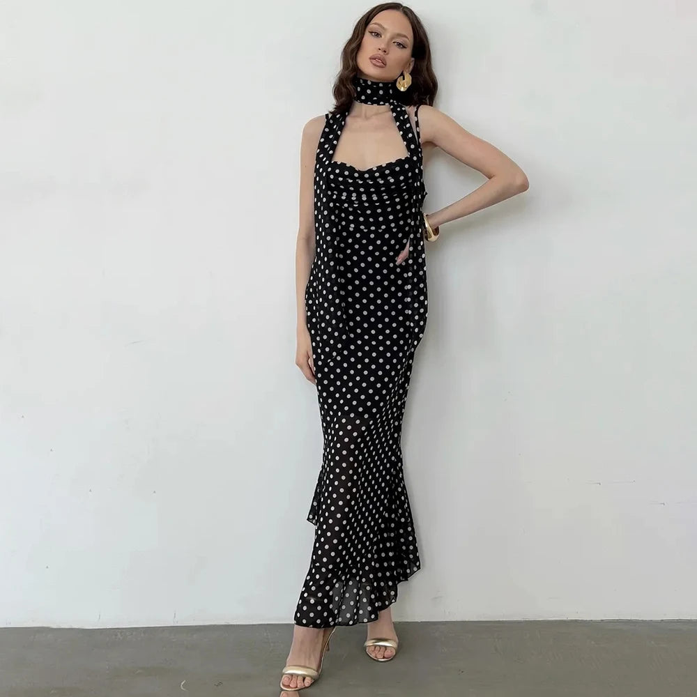 Tuularose Elegant Polka Dot Long Dress Summer Scarf Ribbon Ruffle Halter Pleated Dress Luxury Sleeveless Women&