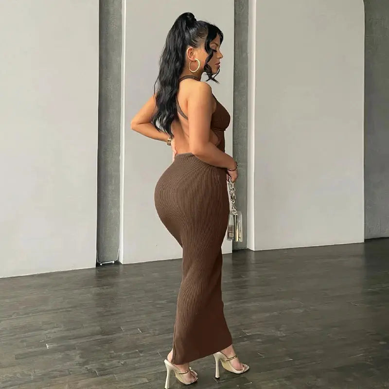 Hugcitar Ribbed Solid Hollow Out Backless Sleeveless Sexy Slit Mini Dress Bodycon 2025 Spring Women Outfits Elegant Party Y2K