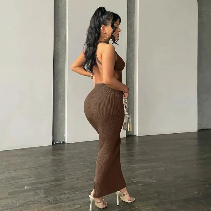 Hugcitar Ribbed Solid Hollow Out Backless Sleeveless Sexy Slit Mini Dress Bodycon 2025 Spring Women Outfits Elegant Party Y2K