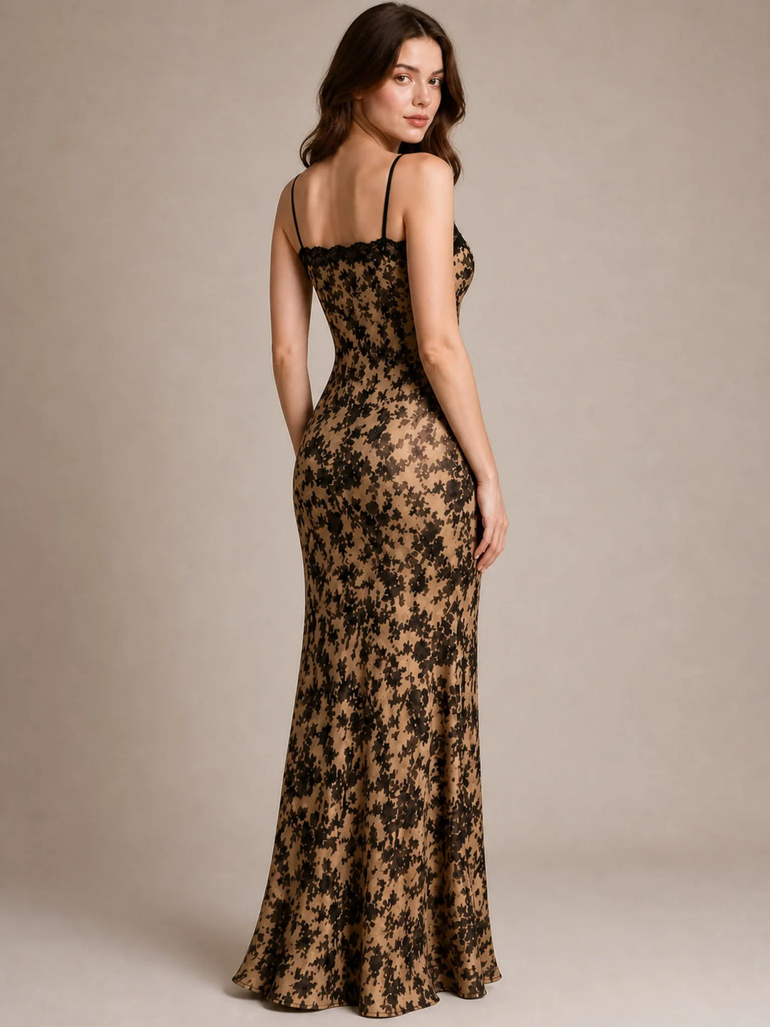 Elegant Floral Satin Maxi Dress Lace Trim Evening Party Guest