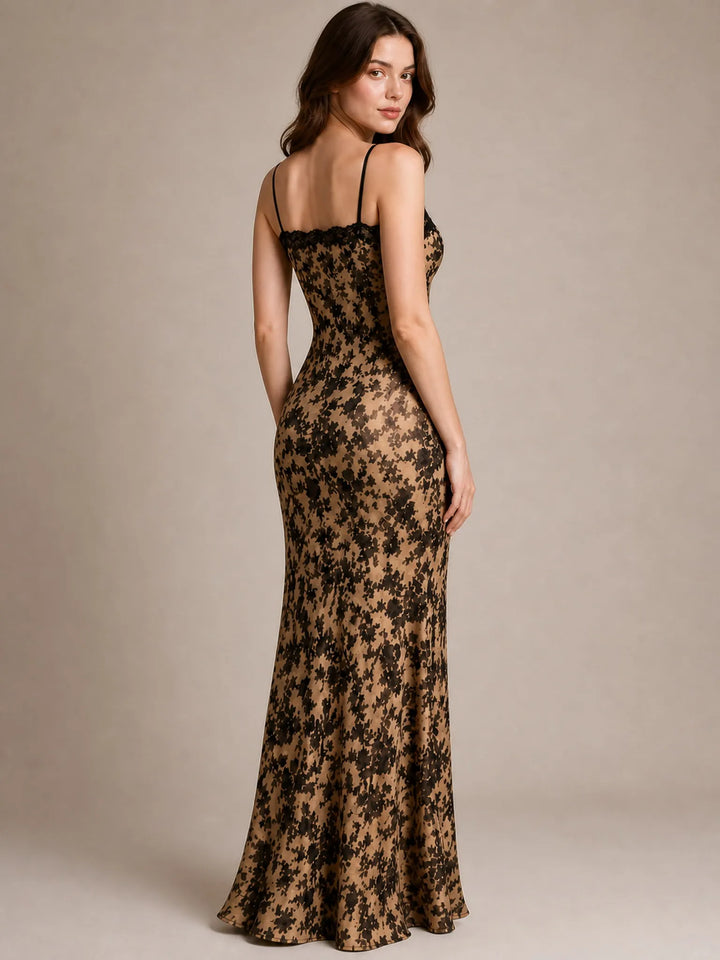 Elegant Floral Satin Maxi Dress Lace Trim Evening Party Guest
