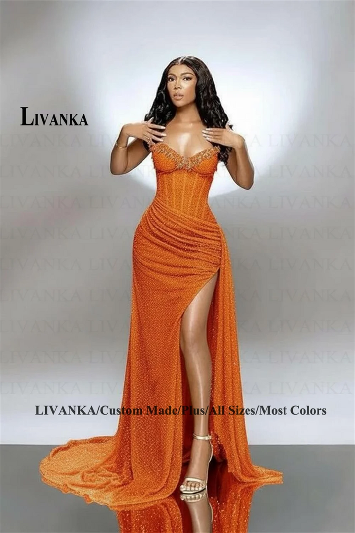 Livanka Sweetheart Mermaid Evening Dress Side Split High Waist Prom Gown With Beading