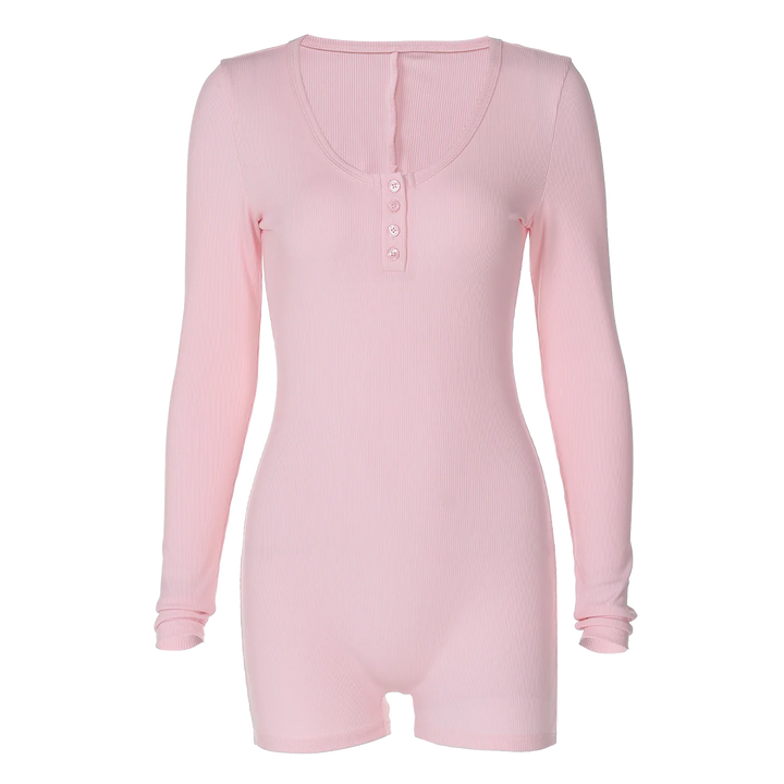 Stylish Ribbed Knit Bodycon Playsuit With Buttons
