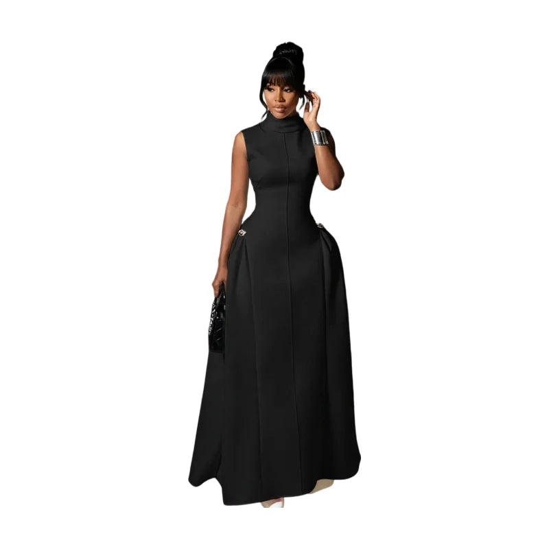 Elegant Women High Neck Sleeveless Fitted Maxi Dress For Formal Wedding Gal
