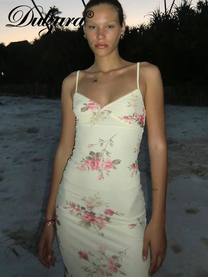 Dulzura Floral Print Y2K Backless Maxi Dress Women