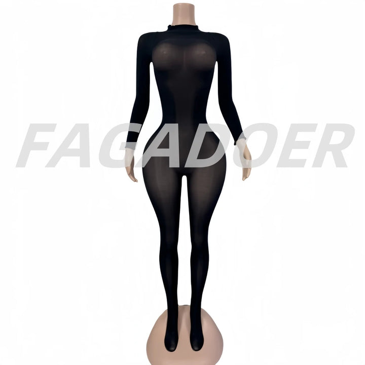 FAGADOER See Through Mesh Bodycon Jumpsuit Women