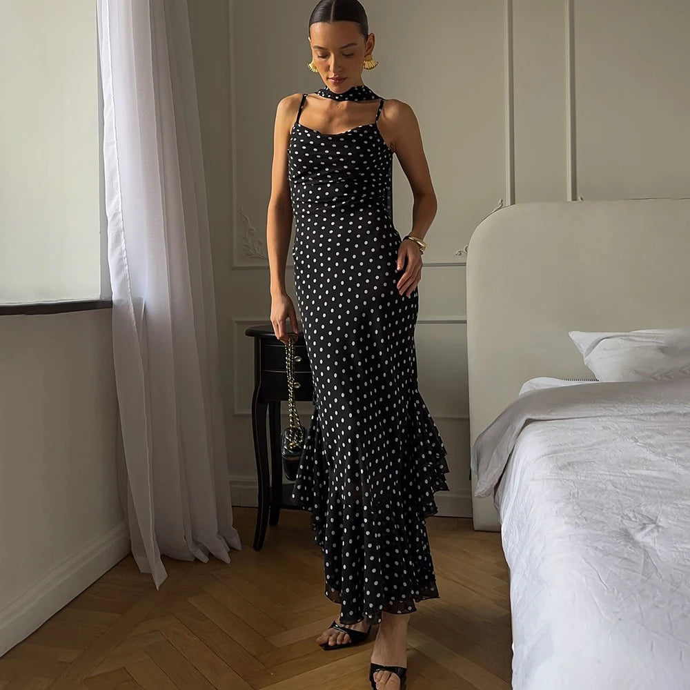 Tuularose Elegant Polka Dot Long Dress Summer Scarf Ribbon Ruffle Halter Pleated Dress Luxury Sleeveless Women&