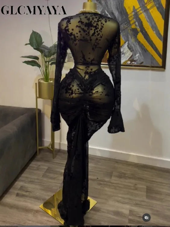 CM.YAYA Fall Long Sleeve See Through Lined Dress