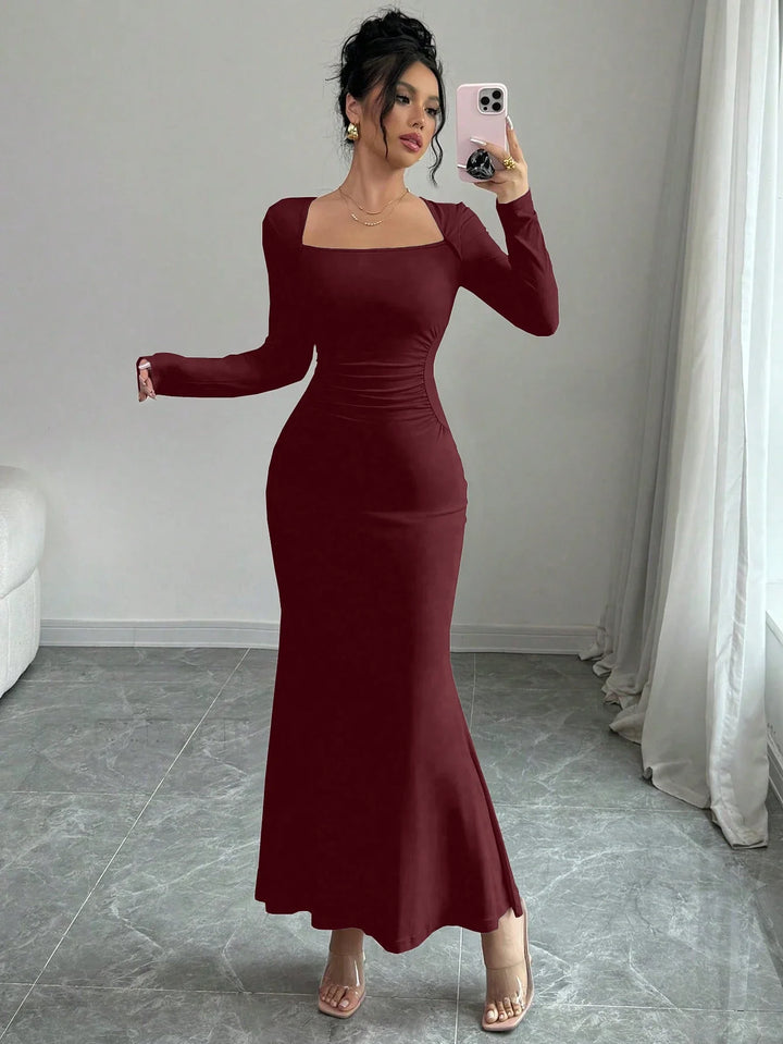 Elegant Retro Square Collar Long Sleeve Dress For Women
