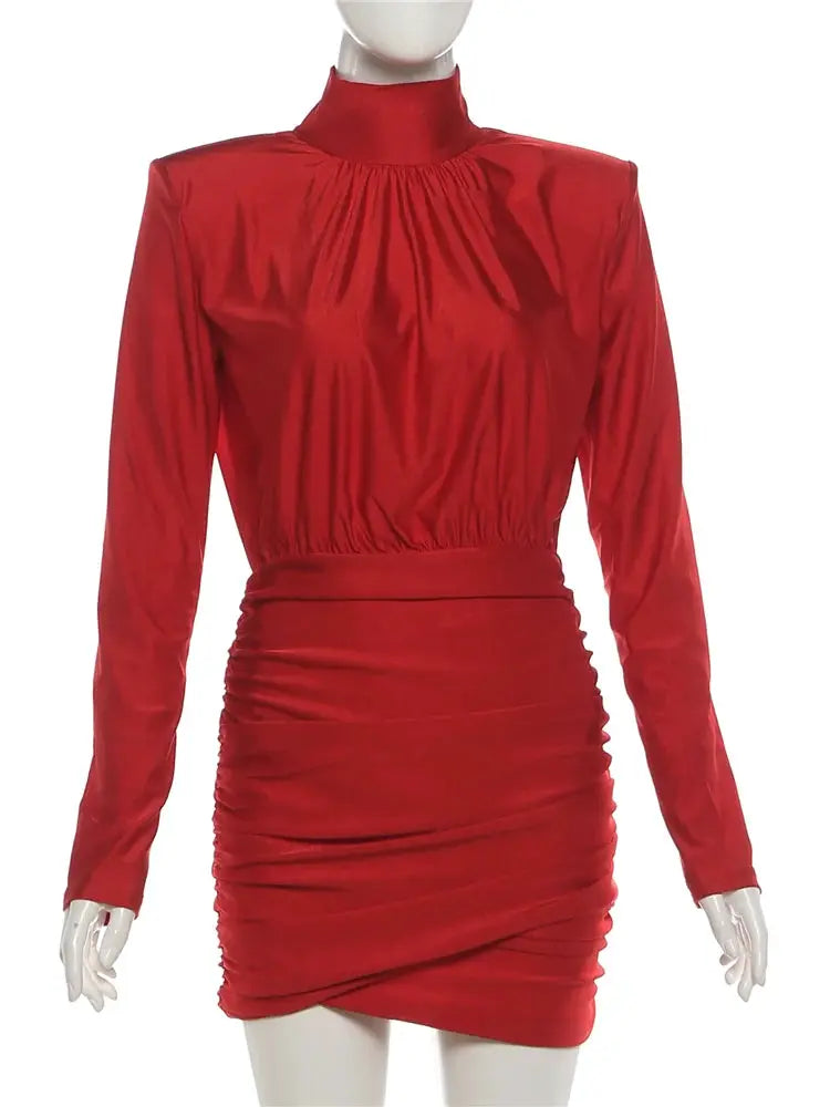 Nibber Classic Turtleneck Dress Women Shoulder Padded Ruched Sexy Office Commute Simple Peach Hip Skinny Elegant Mini Bodycon