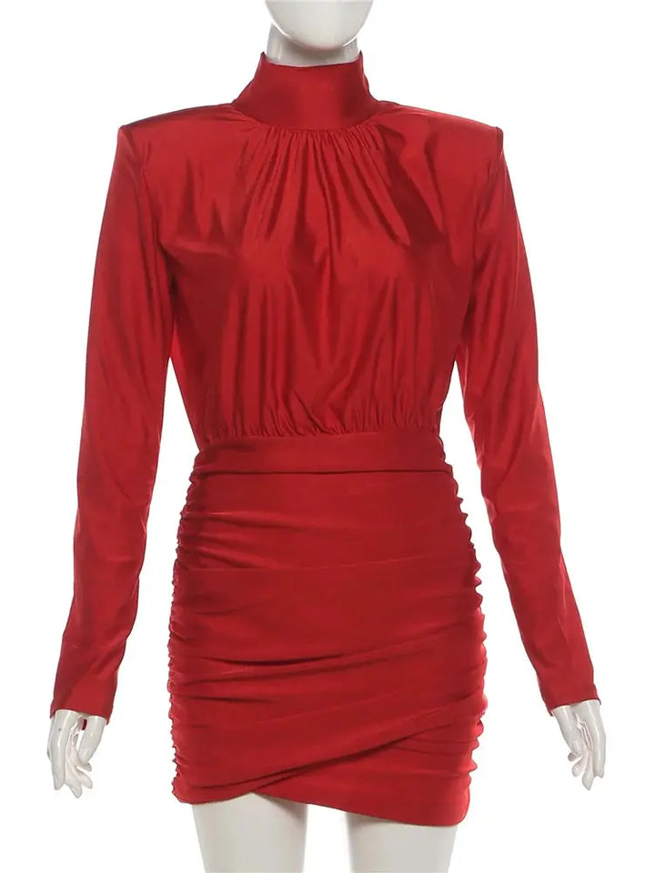 Nibber Classic Turtleneck Dress Women Shoulder Padded Ruched Sexy Office Commute Simple Peach Hip Skinny Elegant Mini Bodycon