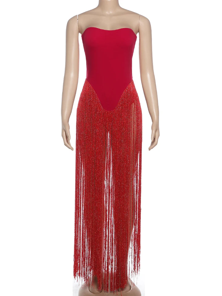 Weird Puss Strapless Bodysuit Patchwork Tassel Valentine Party Wear