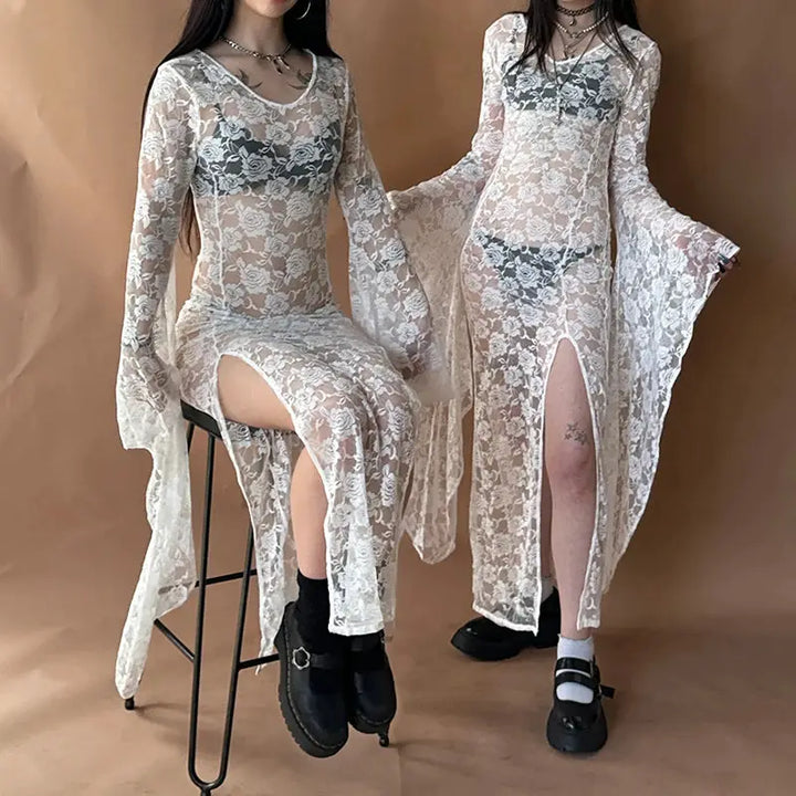 E-girl Goth Punk Bodycon Slip Dress Women Sheer Lace Maxi Dress Bat Long Sleeve Y2k Fairy Grunge See Through Split Flowy Dress