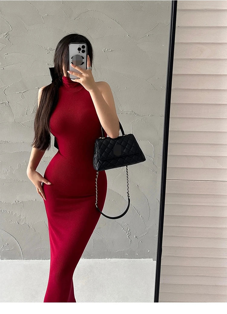 Jeyongzoo Women Exclusive Red Turtleneck Knit Midi