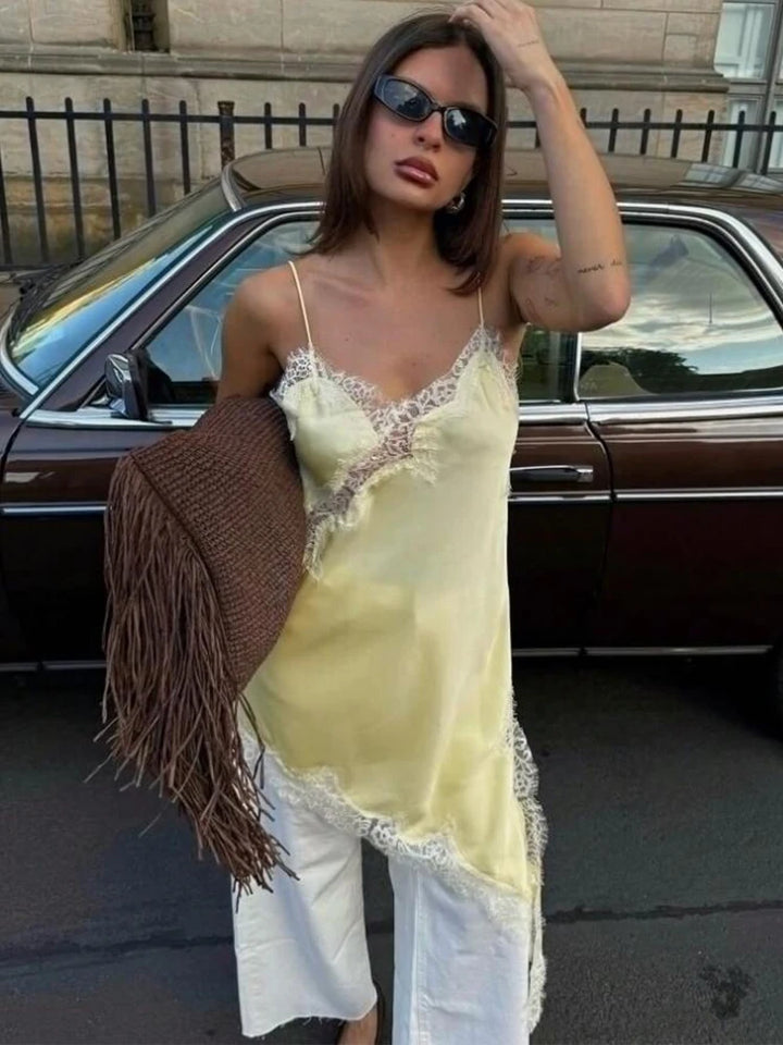 Satin Sexy Lace Spliced Short Sling Dress Women Sleeveless Backless Asymmetric Sexy Party Dresses 2026 Summer Lady Dress ﻿