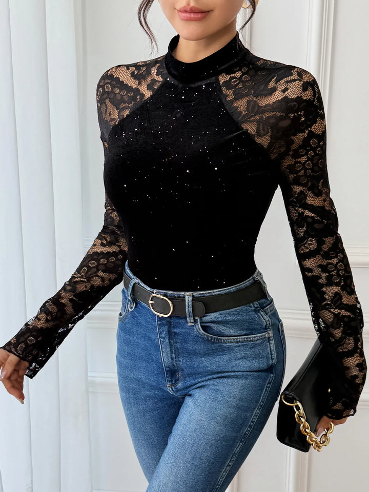Luxury Black Velvet Bodysuit With Glitter Lace For Elegant Style
