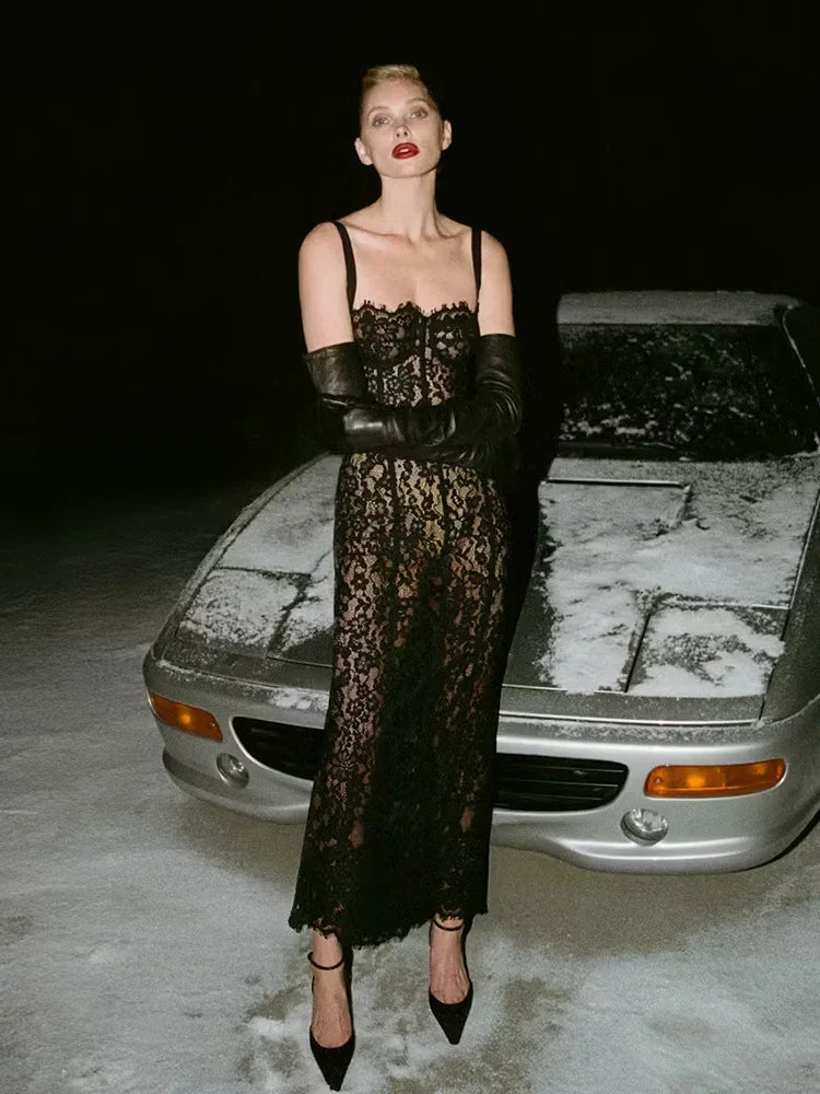 Black Floral Lace Evening Dress With V Neck Bodycon