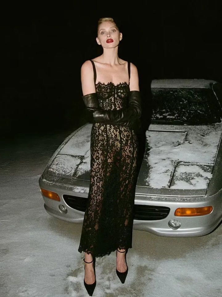 Black Floral Lace Evening Dress With V Neck Bodycon