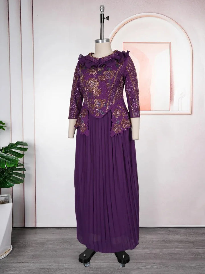 Elegant Diamond Embroidered V Neck Maxi Dress For