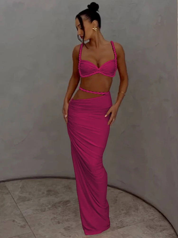 Cutenew Woven Matching Women 2 Piece Sexy Vacation Outfits Pleated Crop Camis+Shirring High Waist Maxi Skirts Solid Mujer Sets