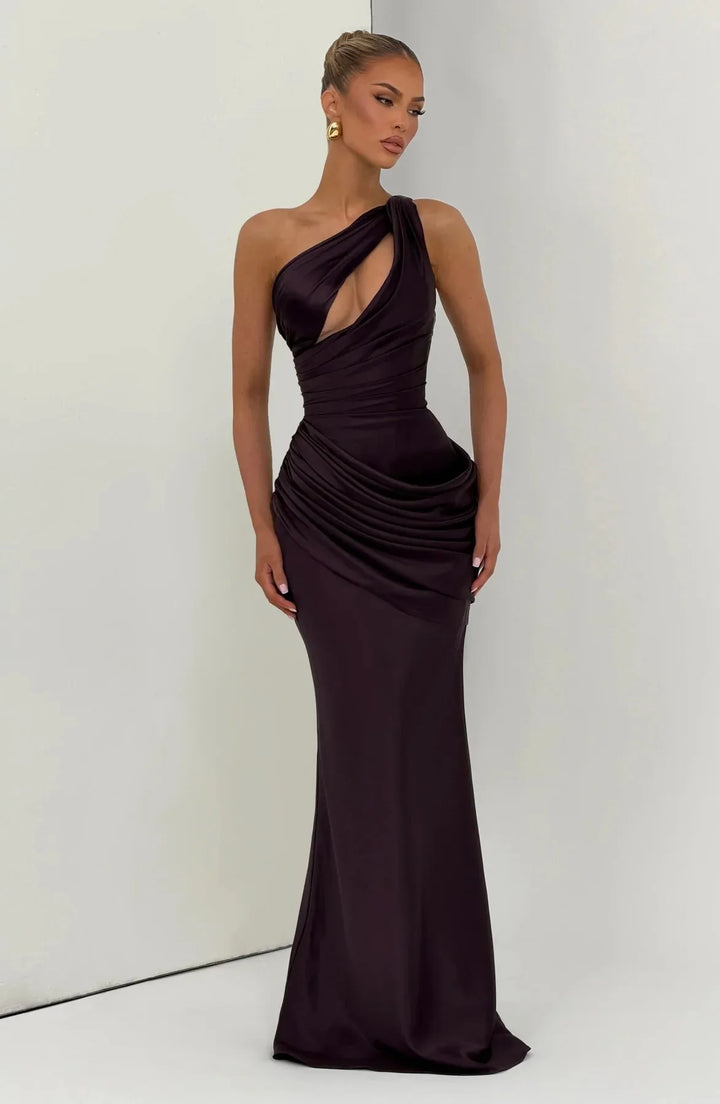 Green Satin Mermaid Dress One Shoulder Cutout