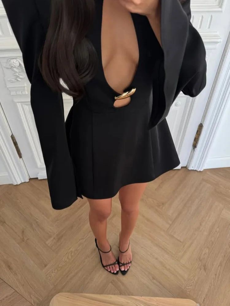 Cnyishe Hollow Out Metal Buckle Bodycon Dress