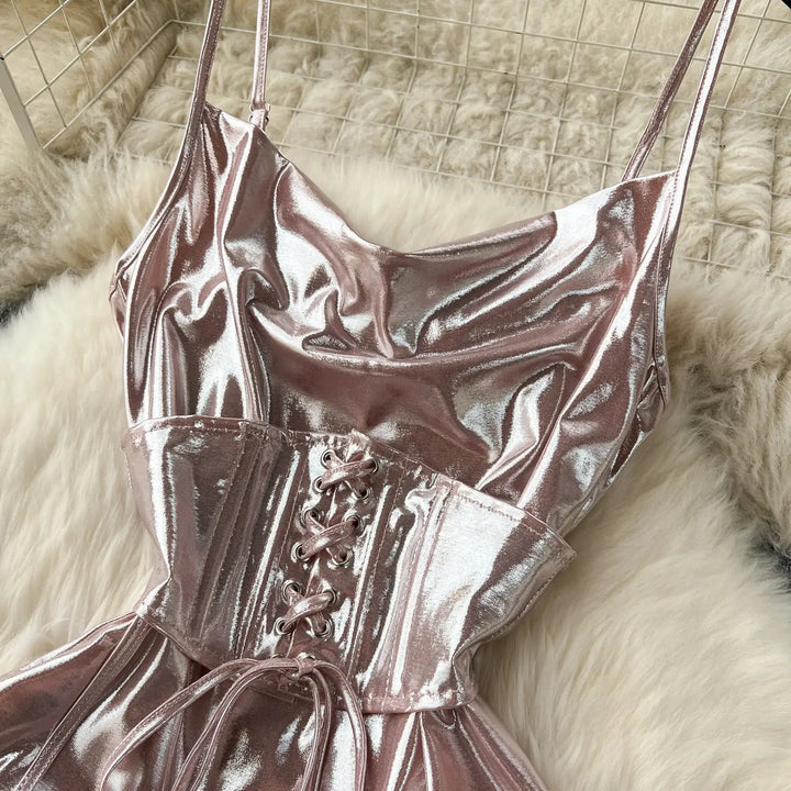 SINGREINY Spaghetti Strap Split Long Dress 2025 Ladies Fake Leather Lace Up Bodycon Sundress Y2K Hotsweet Shiny Slim Party Dress