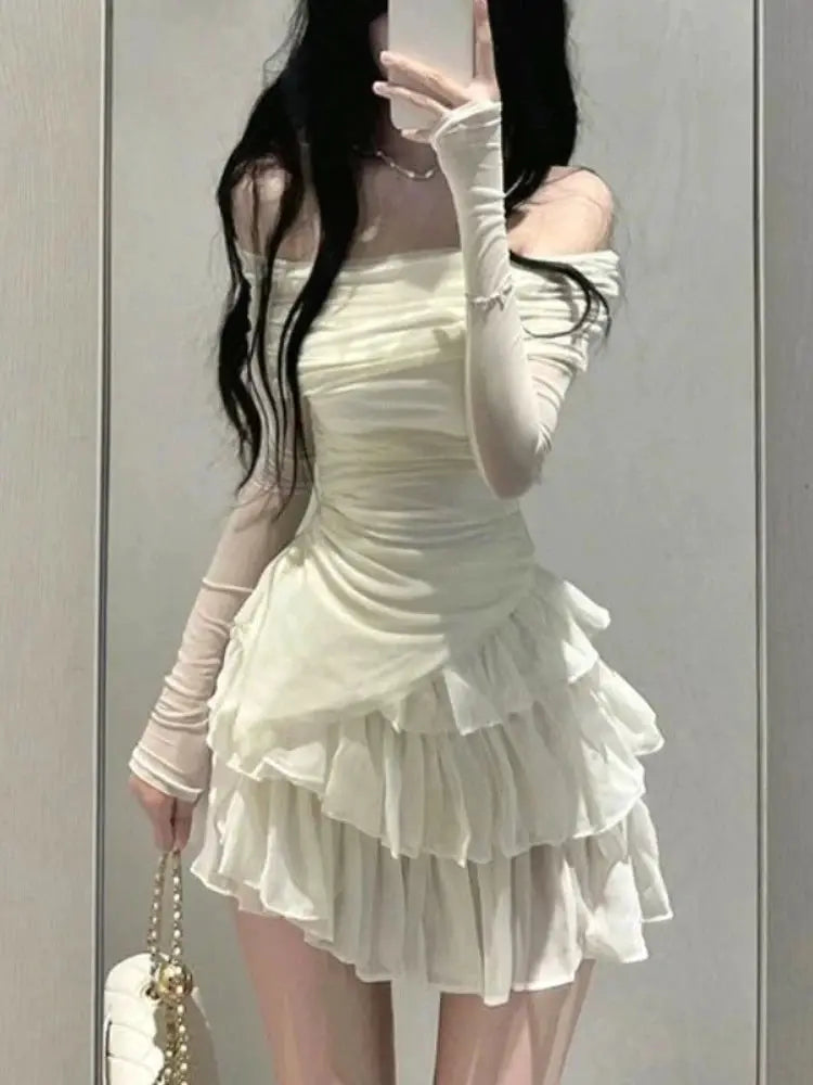 Summer Sexy 2 Piece Dress Set Women Elegant See Through Bodycon T-shirts + Lace Slim Strap Dress 2000s American Vintage Suits