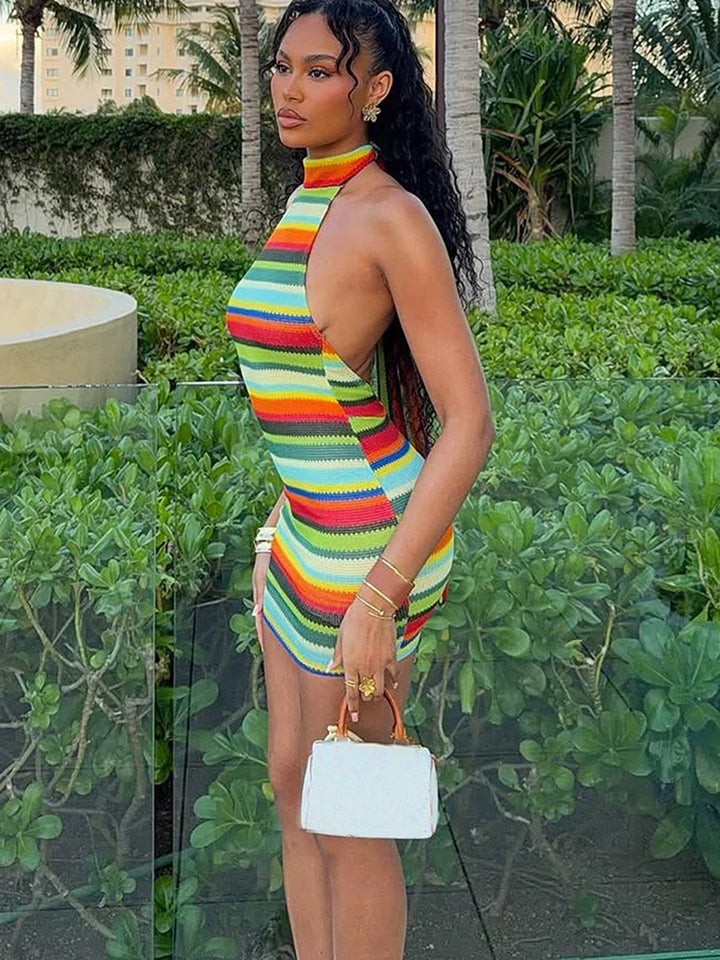 Stylish Patchwork Halter Mini Dress That Flatters