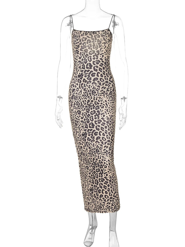 Leopard Print Backless Bodycon Maxi Dress Beach