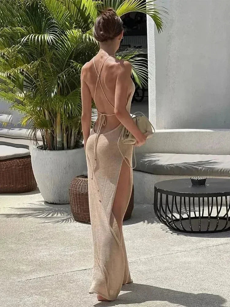 Sexy See Through Knit Backless Lace Up Beach Dress