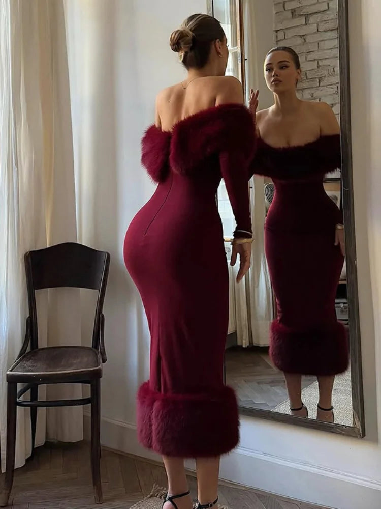 Women Strapless Faux Fur Dresses Off Shoulder