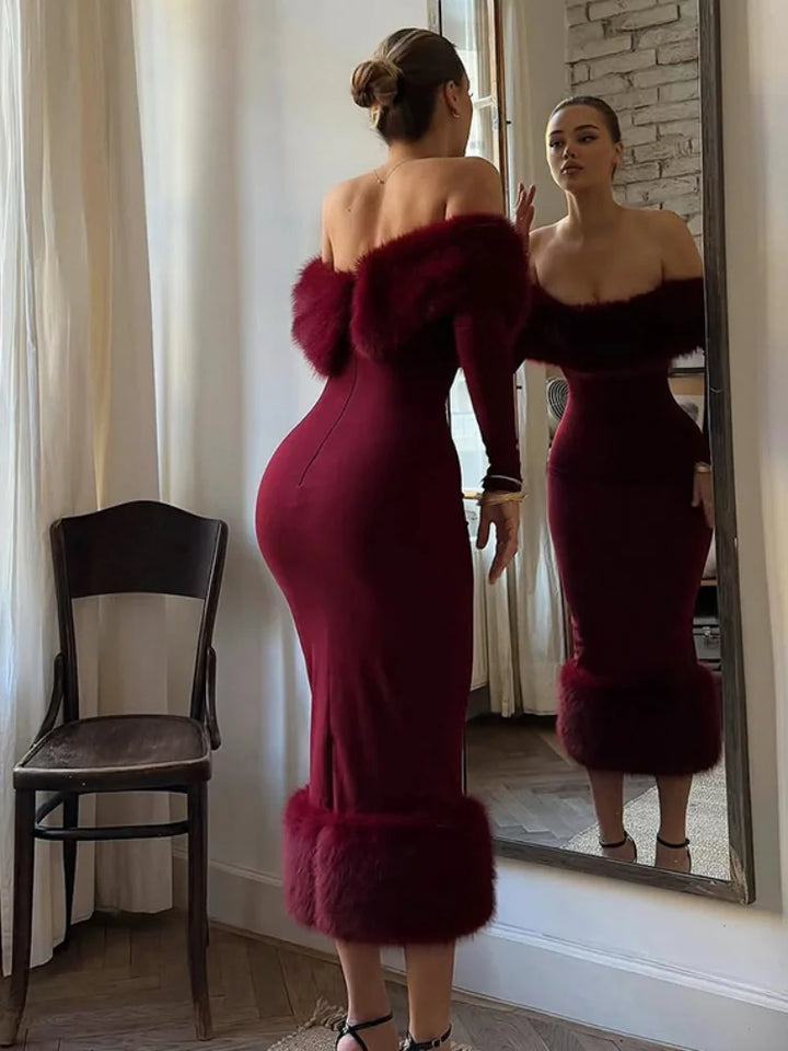 Women Strapless Faux Fur Dresses Off Shoulder