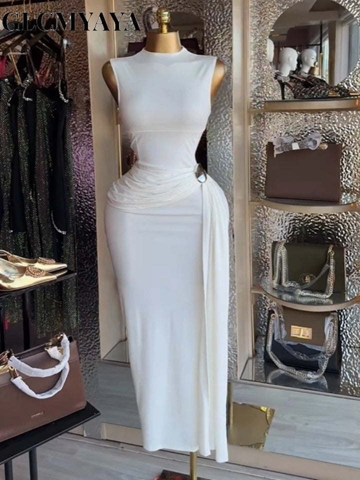 Women Sleeveless O Neck Ruched Bodycon Maxi Dress