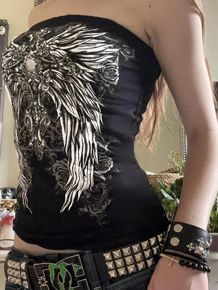 Gothic Print Black Tube Top Women Strapless Skinny Cropped Tops Summer Casual Chic Graphic Tees Y2K Streetwear Vest Basic