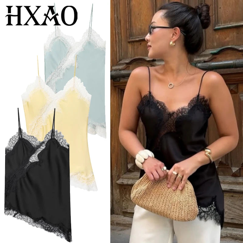 HXAO Asymmetrical Slip Top Women Summer 2025 Y2K Tanks &amp; Camis Lace Black Off Shoulder Top Elegant Sleeveless Backless Camisole